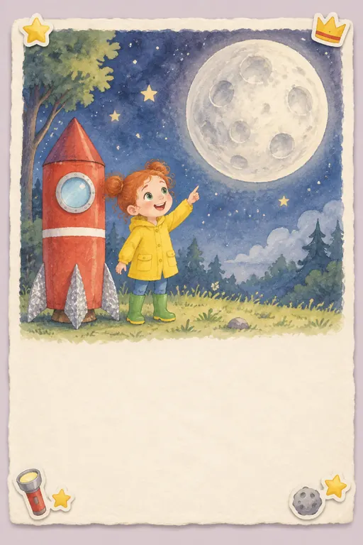 La protagonista con su impermeable amarillo en un cohete de cartón rumbo a la luna