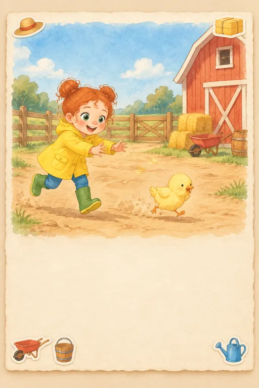 La protagonista con su impermeable amarillo en una granja, buscando a un pollito perdido