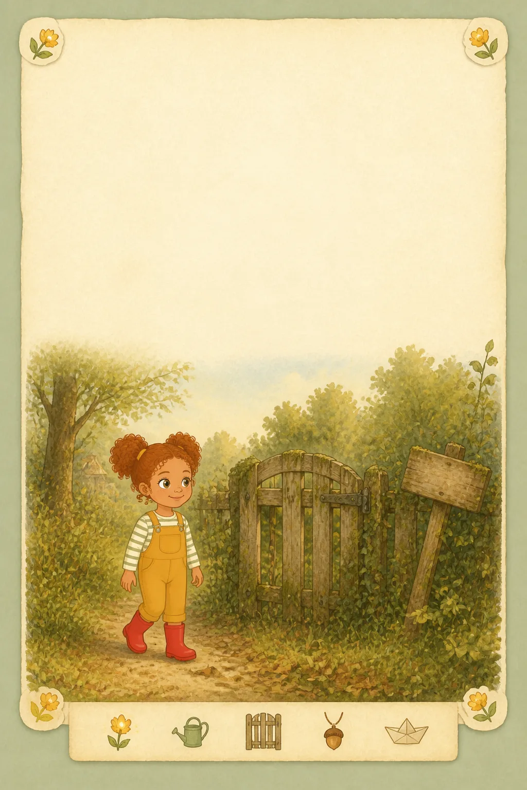 Página ilustrada de un cuento de Talepip: la protagonista ante la puerta de un jardín